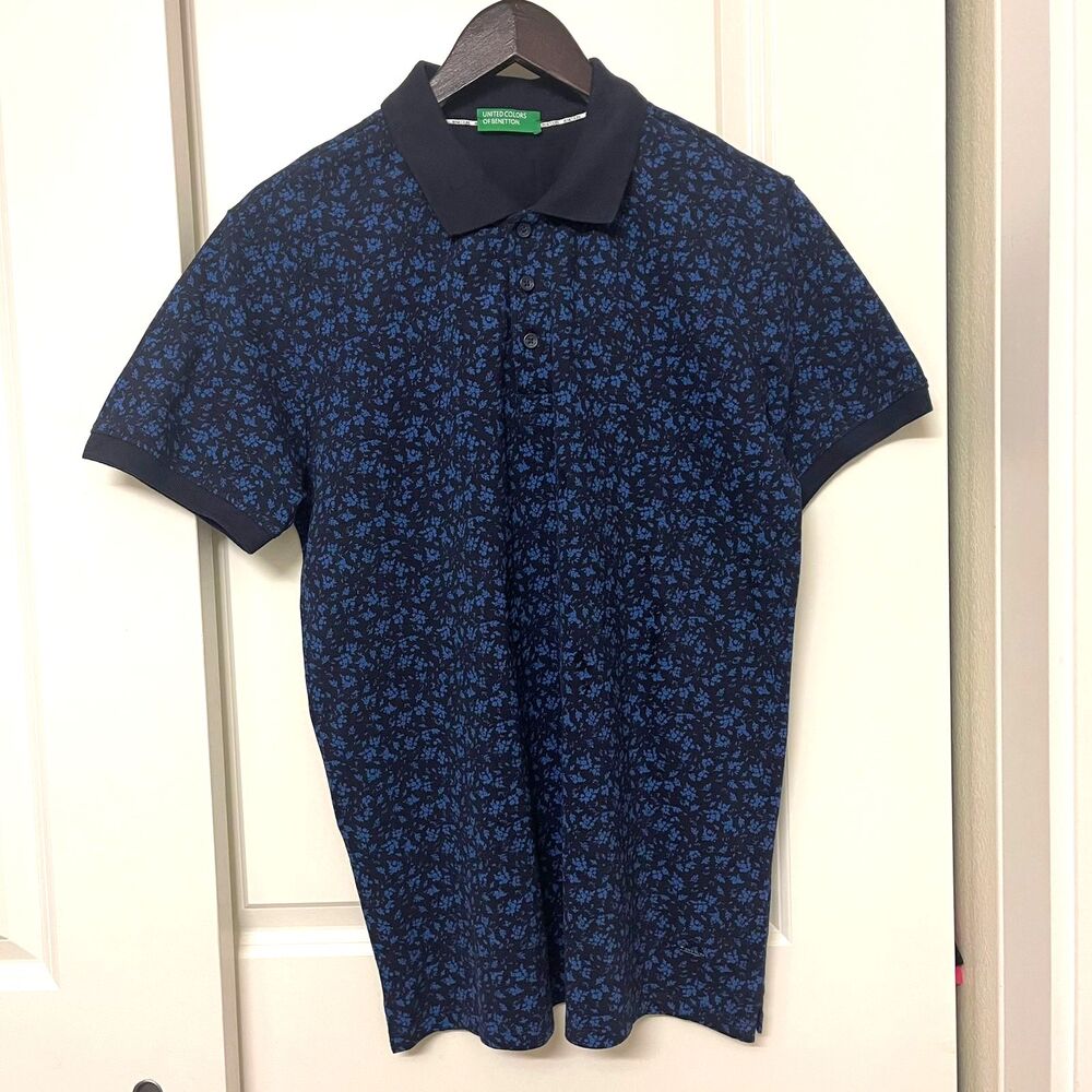 United Colors of Benetton Men’s Polo Shirt Navy Blue Floral Print Size L - Picture 2 of 9
